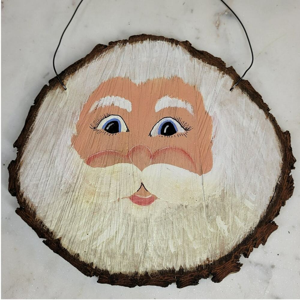 VINTAGE Wood Santa 8" Hand Painted Tree Bark Door Knob Decor Christmas Folk Art